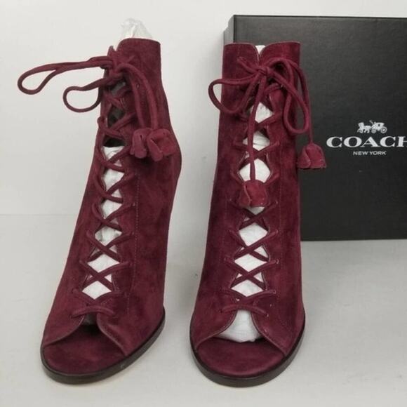 COACH Lena Lux suede lace up heels‎ burgundy size 9 - Picture 1 of 8